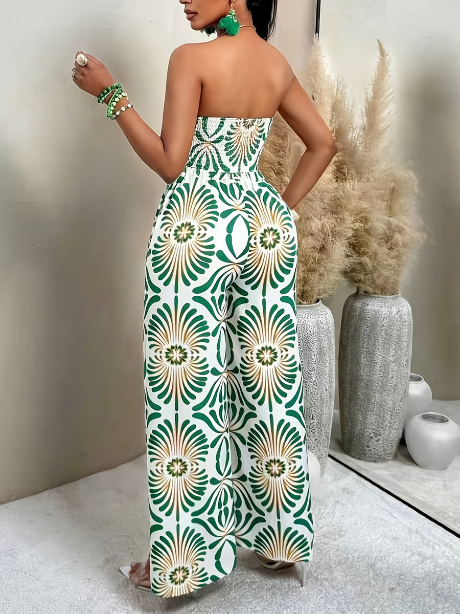 Women's Fashionable and Elegant Pattern-Printed Pleated Tube-Silhouette Wide-Leg Jumpsuit, Casual Beach Vacation Outfit, Holiday Summer Beachwear, Back-to- Outfit, Very Minimalist Outfit, Office Attire, Vintage Luxury Style, Teacher's Outfit - Mixed colors