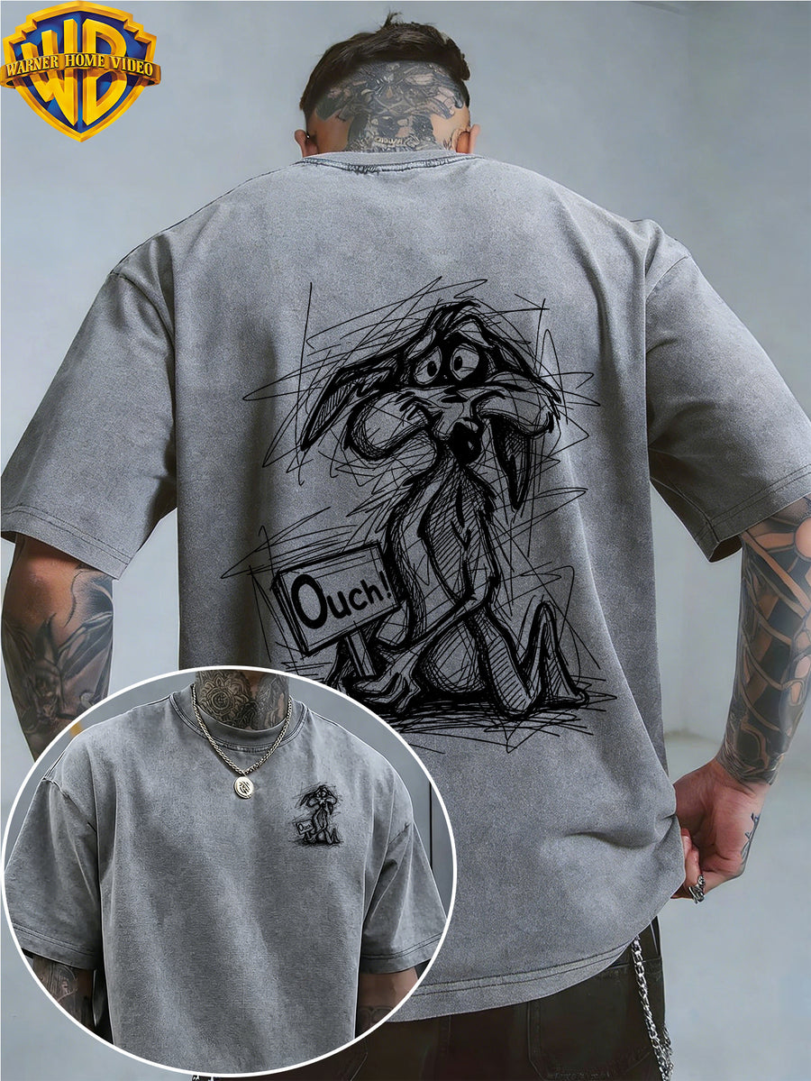 Warner Bros. Officially Authorized Kneeling Coyotes Holding Ouch Print Retro Washed Distressed Short Sleeve T-Shirt for Men And Women, Machine Washable Daily Commuting Outdoor Sports Casual Top - Grey