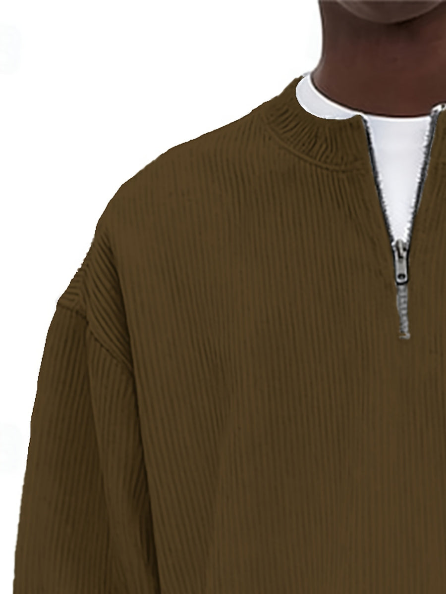 Men's Corduroy Half-Zip Knit Sweatshirt, Casual Versatile -Lined Long Sleeve Top, Autumn Winter Casual Loose Knitwear, Trendy Versatile Multiple Colors Available - Light Brown-1