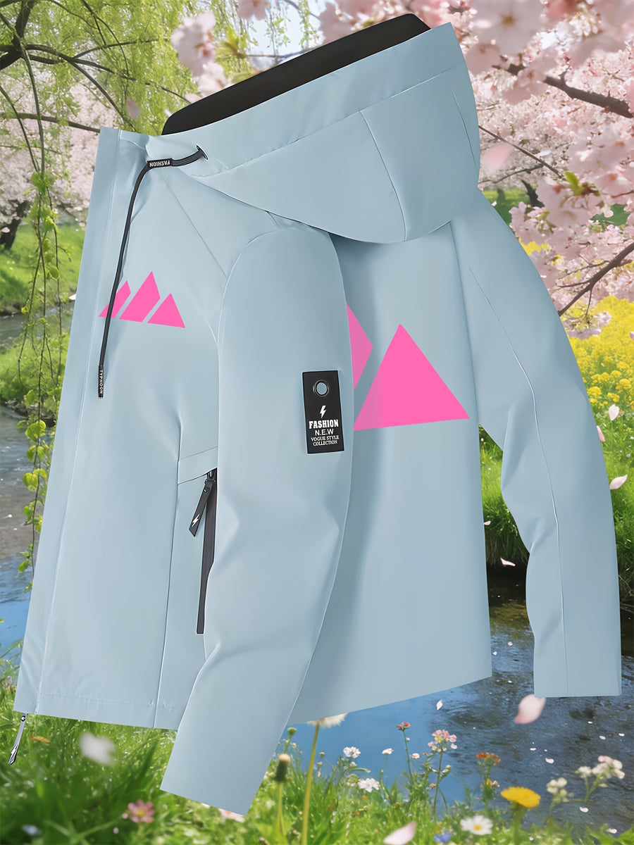 Women's Lightweight Travel Jacket, Casual Dating Comfortable Outerwear, Outdoor Hooded Daily Commute Jacket, New Mountain Climbing Printed Drawstring Fashionable Style - Sky Blue