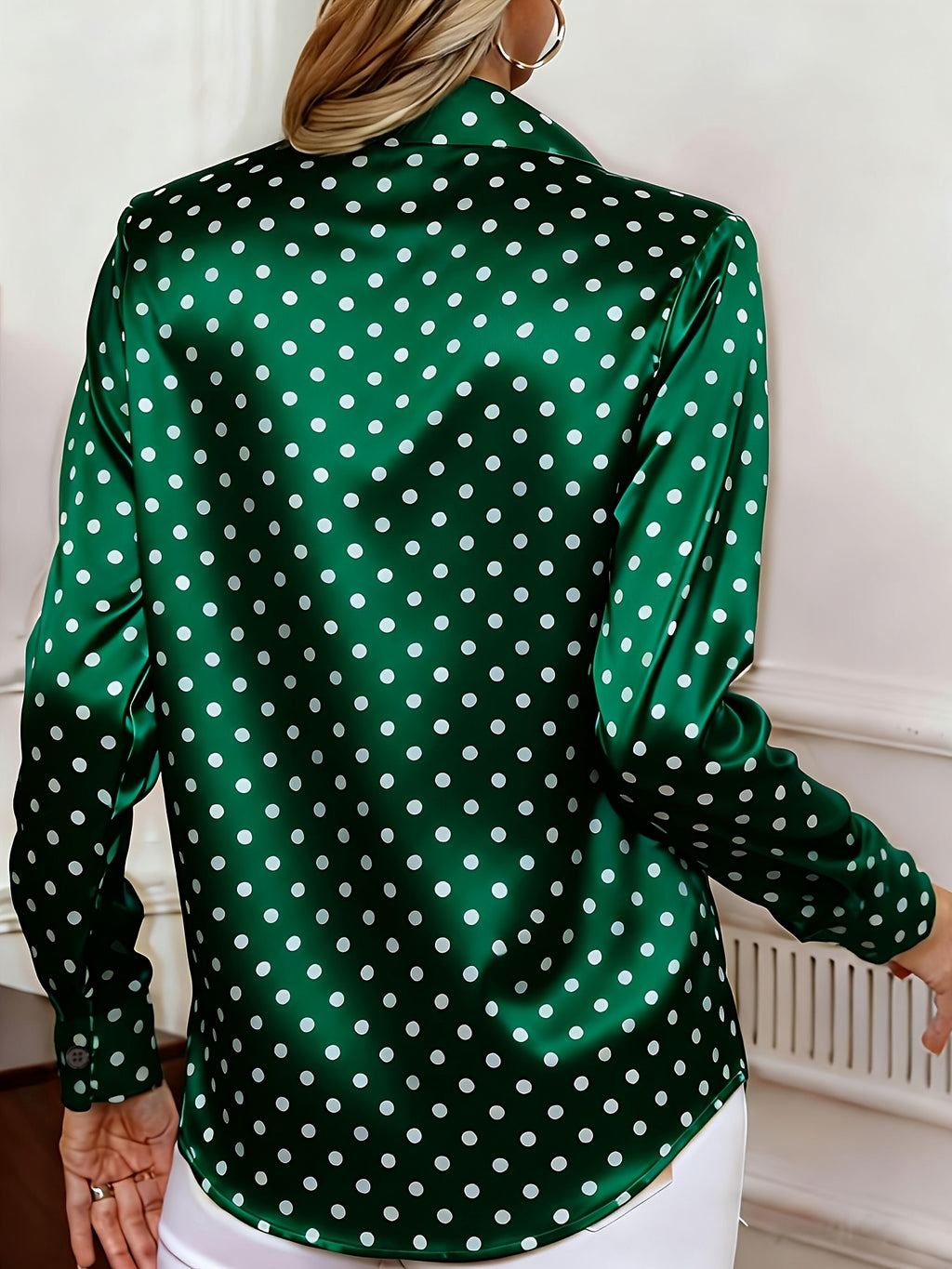 Ladies' Spring/Autumn Elegant Versatile Polka Dot Blouse - Dark Green