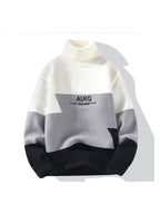 Autumn and Winter New Youth Men's High Collar Multi Color Splicing Letter Jacquard Knitted Sweater Warm Sweater Fashionable, Casual and Versatile - White