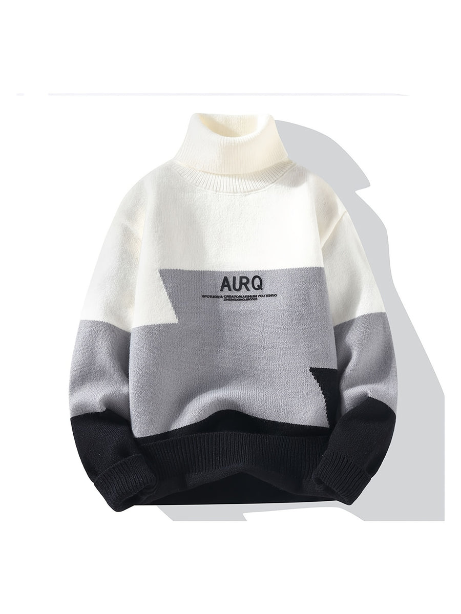 Autumn and Winter New Youth Men's High Collar Multi Color Splicing Letter Jacquard Knitted Sweater Warm Sweater Fashionable, Casual and Versatile - White
