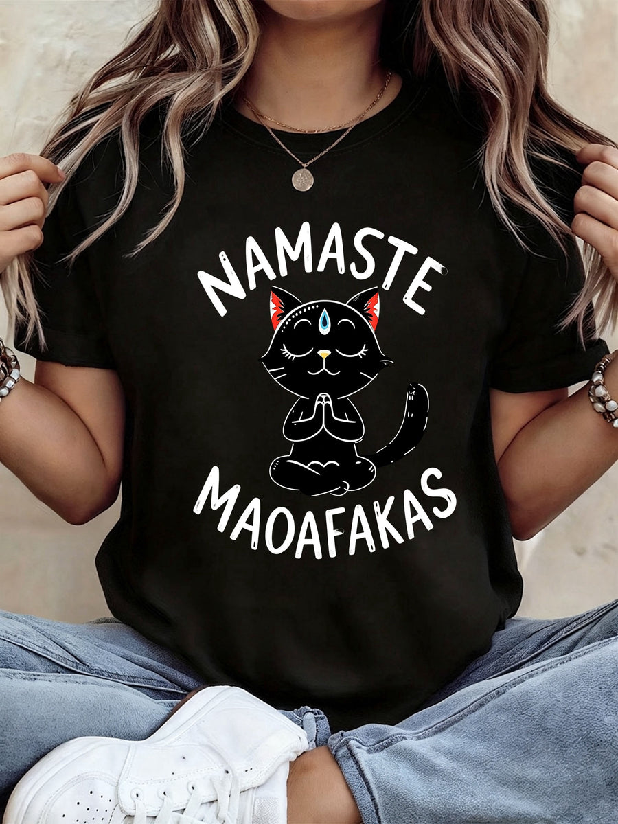 Women' Fashion Black T-shirt, Made of Polyester Fabric, Featuring a Meditating Cat Motif. Perfect for Women' Wear, Showcasing a Stylish and Casual Look. Ideal for Everyday Outfits. Modern Design, Comfortable to Wear. - Black
