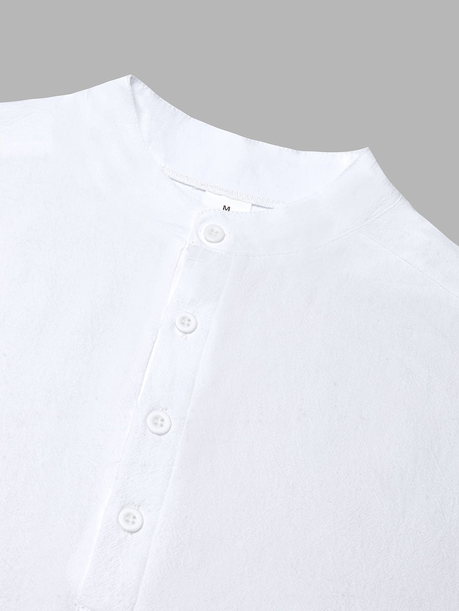 Men'S Spring Autumn New Thin Half-Button Stand Collar Linen T-Shirt Casual All-Match Athletic Trendy Fashion Commuting Fitness Thin Comfortable Loose Long Sleeve T-Shirt - White