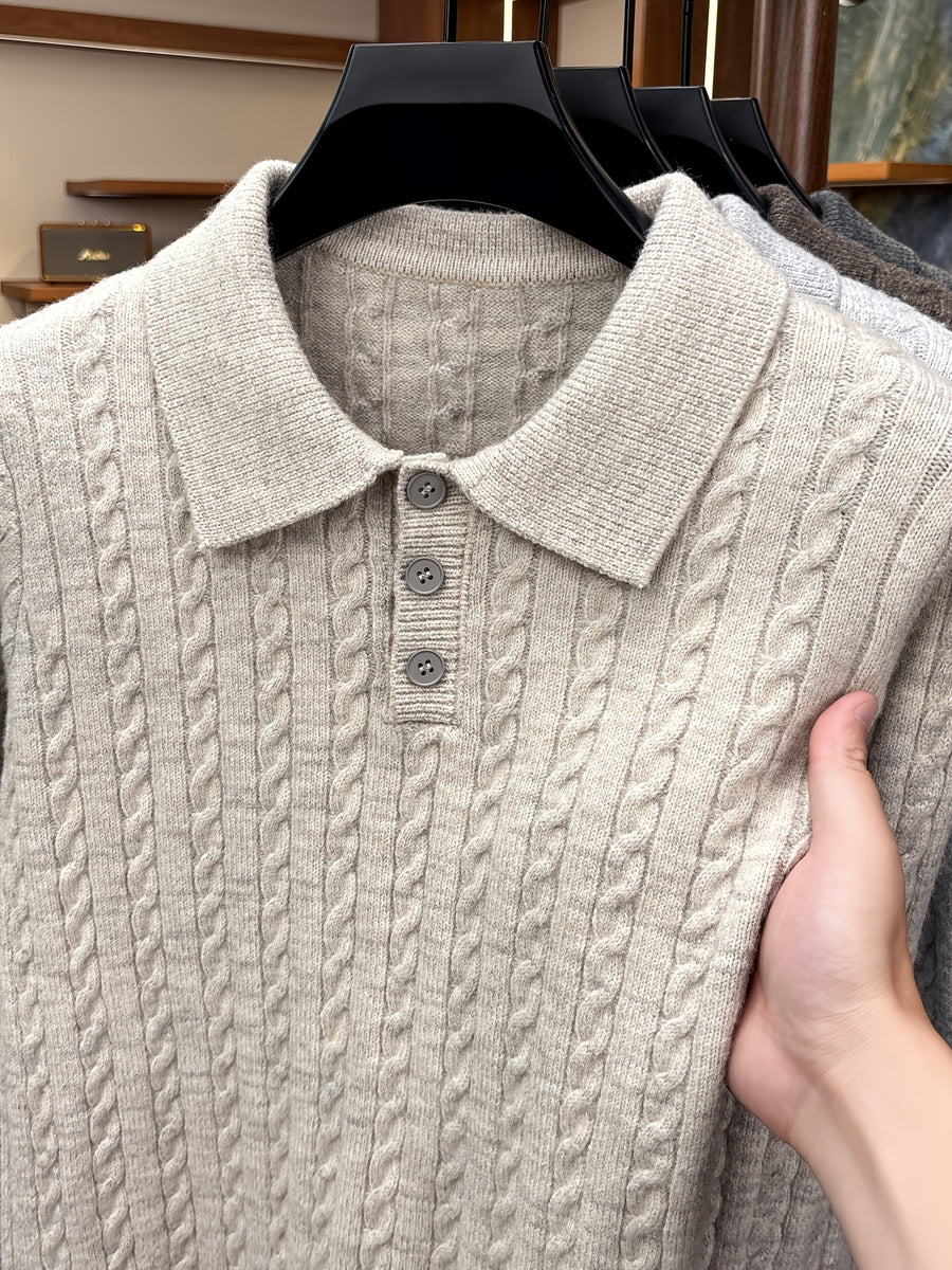Men's Lapel-neck Autumn/winter Warm Sweater, Classic Cable Knit Texture with Soft, Skin-friendly Fabric, Casual and Fashionable Everyday Knitwear - Off-white