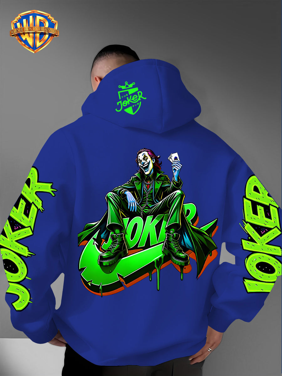 Warner Bros. American Trendy and Cool Hook, Hisley Jay Joker, JOKER Splashed Ink Graffiti Print Hooded Sweatshirt, with Adjustable Drawstring, Comfortable and Warm, Fashionable and Versatile Men's Casual Sweatshirt - Blue