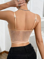 Cross Border Fashion Mesh Illuminated Patches from Europe and the United States Shimmer, Slim Fit, Sexy, High-end Camisole, Small Vest, Women's Top, Base Layer - Light Beige