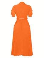 Summer Women'S Dress with Lapel V-Neck Puff Sleeves And Waist Cincher Pleated Maxi Skirt - Orange