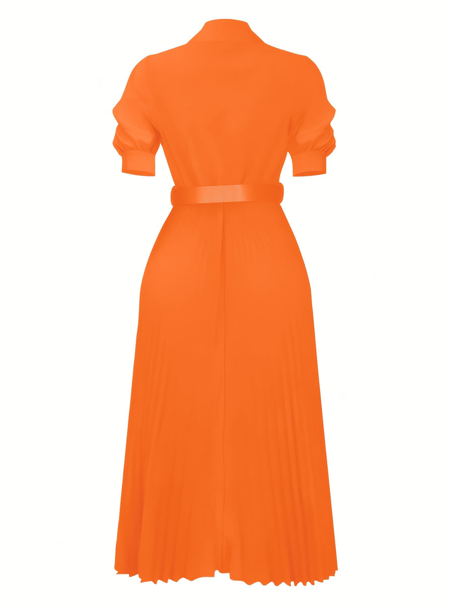 Summer Women'S Dress with Lapel V-Neck Puff Sleeves And Waist Cincher Pleated Maxi Skirt - Orange