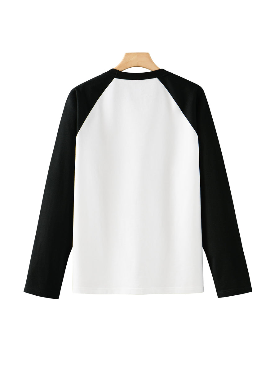 Huairui 100% Pure Color-Block Raglan Long Sleeve T-Shirt for Men, Crew Neck, Color Spliced, Casual, Versatile Base Layer for Spring and Autumn - Black