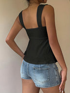 Women'S Casual Front-Drawstring Vest, Women'S Outing Top, Vacation, Cute Summer Top - Black