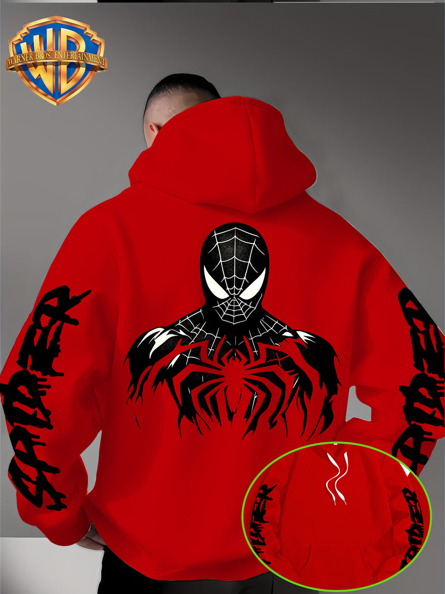 Warner Bros Official Halloween Gift Selection: Classic Spider Print Trendy Sweatshirt for Men, a Stylish and Versatile Hoodie, Comfortable -Lined Warm Autumn/Winter Apparel, Ideal for Sports, Outdoor Outings, Travel, Daily Commuting, and Home Use. - Red