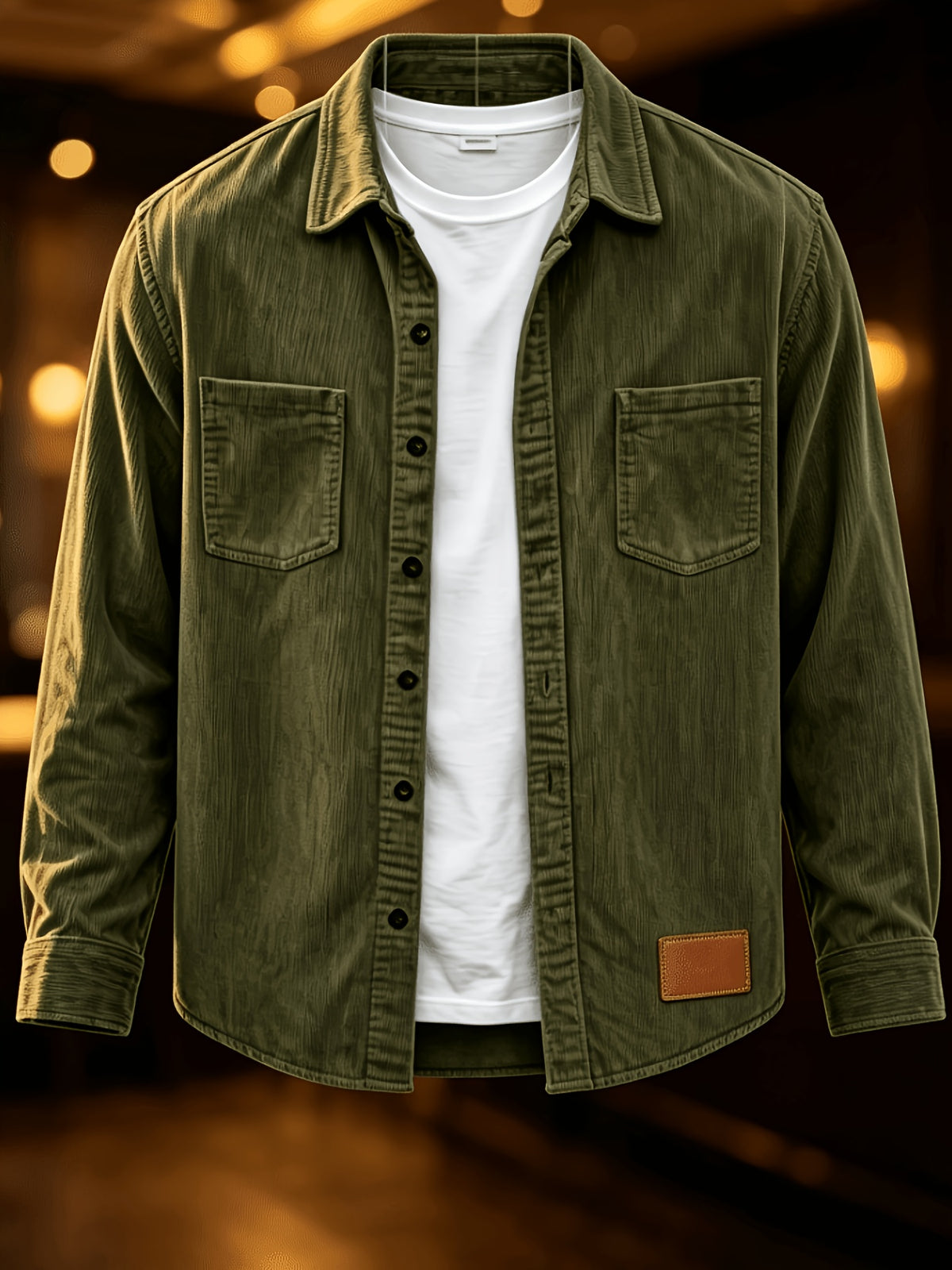 Men'S Fashion Corduroy Solid Color Lapel Shirt, Pocket Embellished Casual Open Front Blouse Men'S Top Shirt - Olive Green
