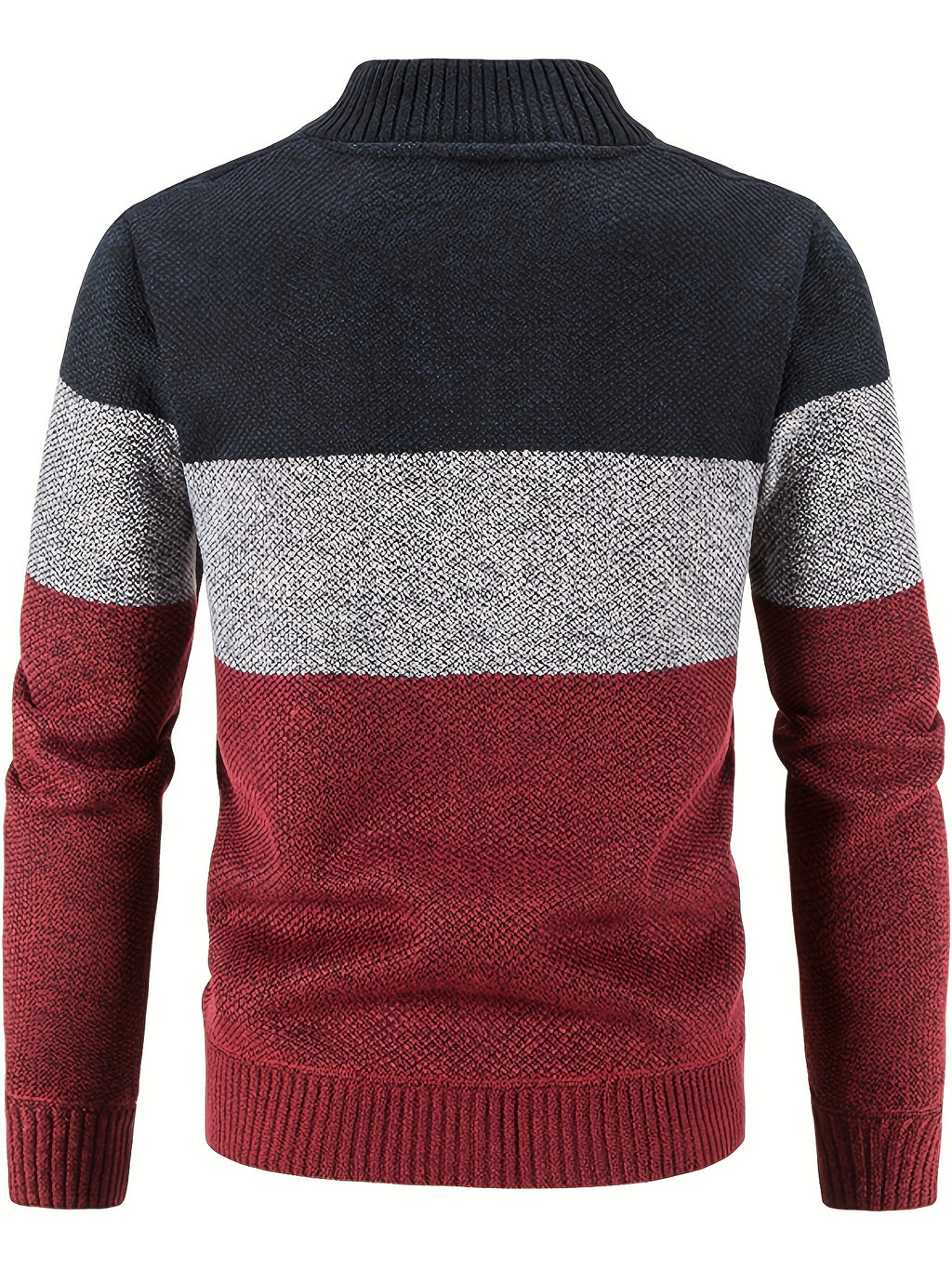 Men'S Casual High Neck Fleece Jacket, Color Block Knit Cardigan, Mid Stretch Zip-Up Fall/Winter Outerwear, Regular Fit with Placket Closure, Thick - Red