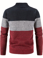 Men'S Casual High Neck Fleece Jacket, Color Block Knit Cardigan, Mid Stretch Zip-Up Fall/Winter Outerwear, Regular Fit with Placket Closure, Thick - Red