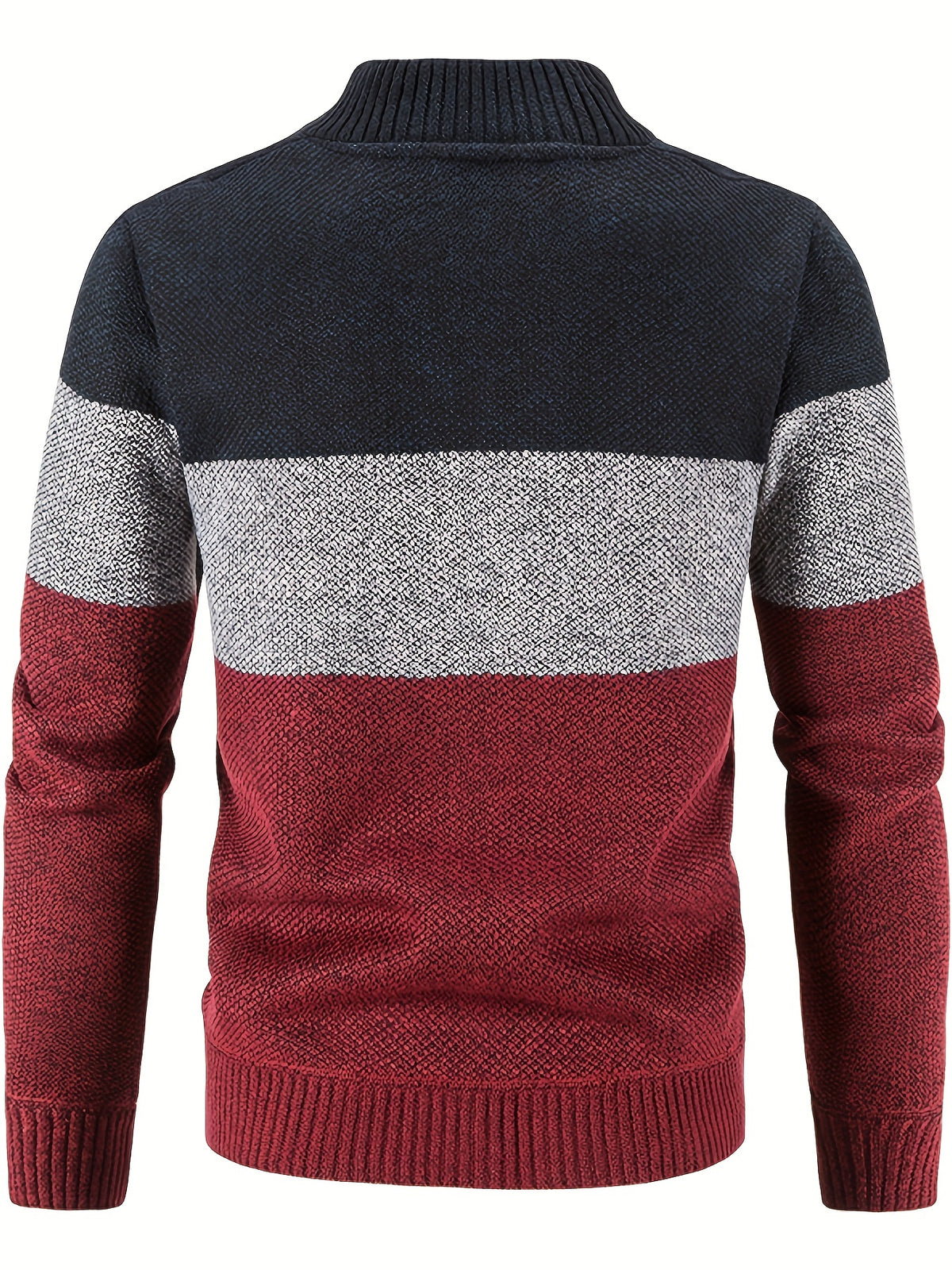 Men'S Casual High Neck Fleece Jacket, Color Block Knit Cardigan, Mid Stretch Zip-Up Fall/Winter Outerwear, Regular Fit with Placket Closure, Thick - Red