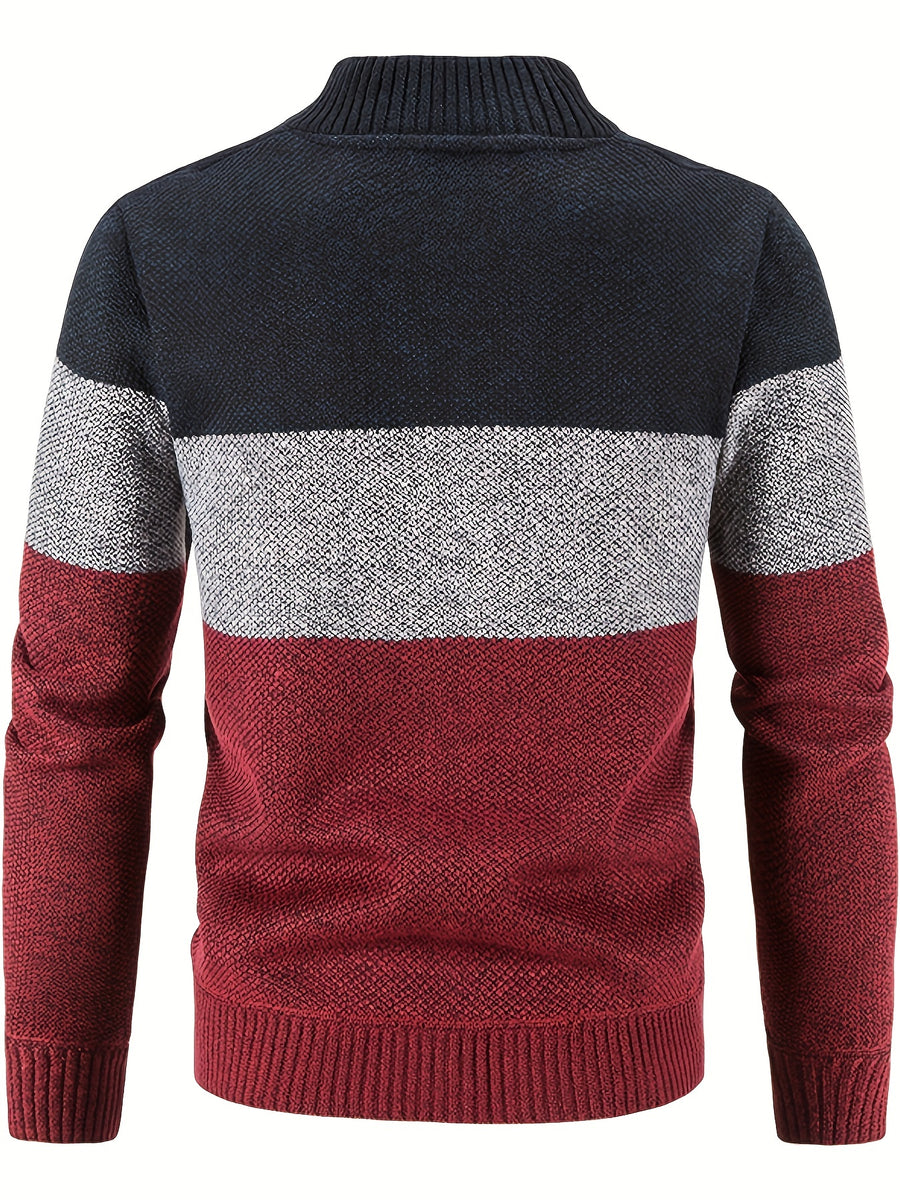 Men'S Casual High Neck Fleece Jacket, Color Block Knit Cardigan, Mid Stretch Zip-Up Fall/Winter Outerwear, Regular Fit with Placket Closure, Thick - Red