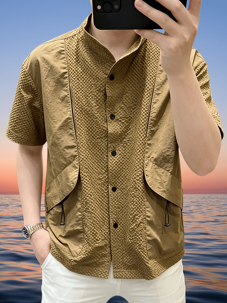 Men'S Light Luxury Shirt, Men'S Designer Style Blouse, Summer Short Sleeve Shirt, Men'S Top - 10213 Gent-A708 Khaki