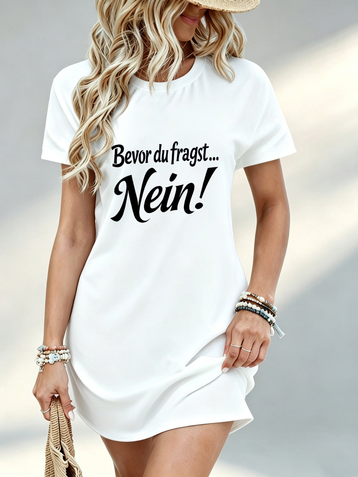 [Printed Design - Not Textured] Casual Women Dress, German Slogan Print, Beach Vacation, Gift for Friend, 100% Polyester - White