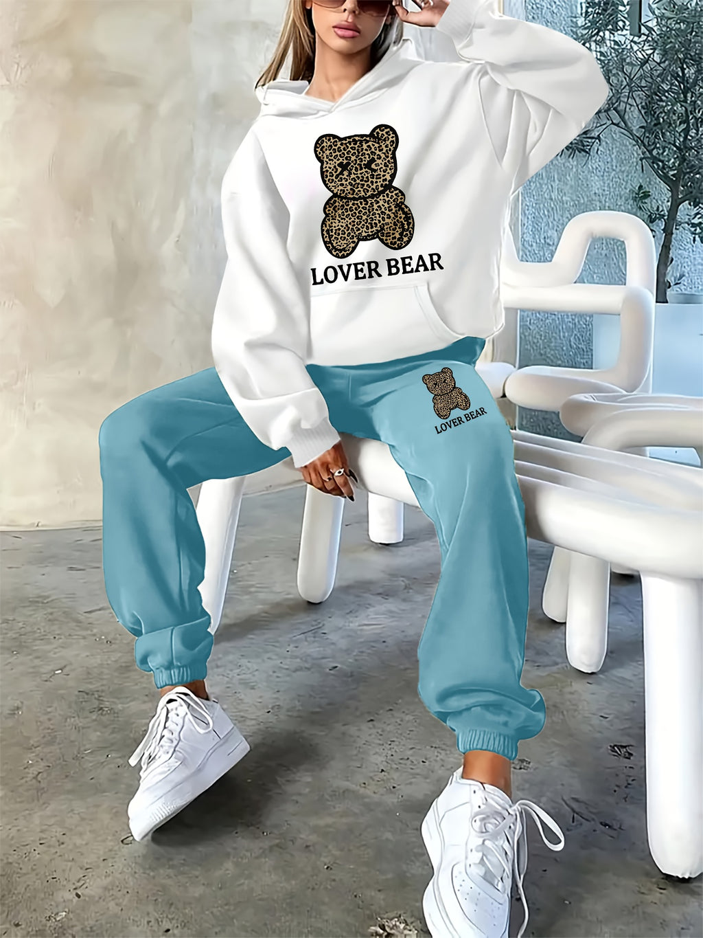 2025 Autumn/Winter New Arrival, LOVER BEAR, Women's Casual Letter Print Loose Warm Long Sleeve Hooded Sweatshirt + Elastic Waist Drawstring Pants Two-Piece Set - White Blue