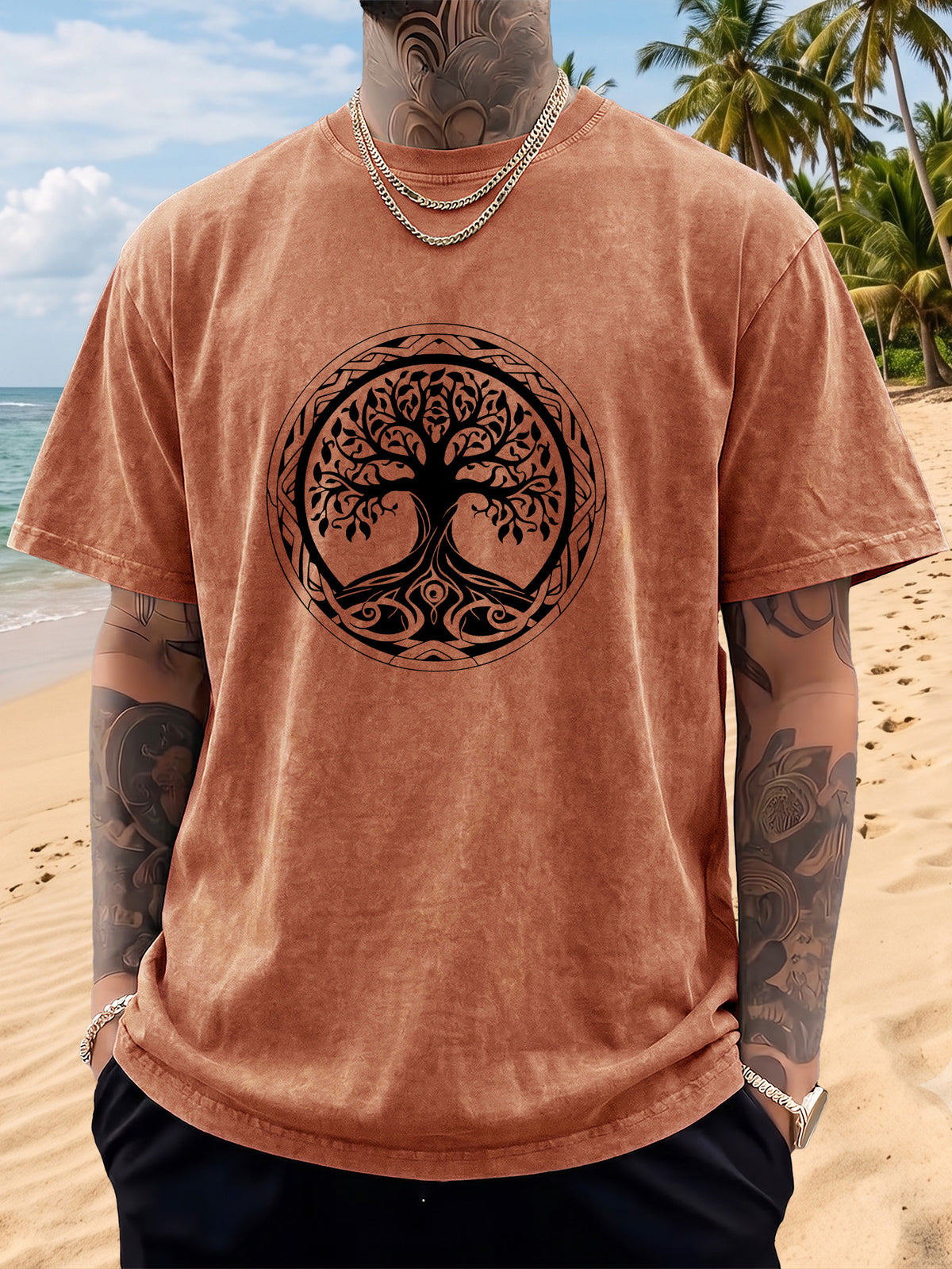 Short Sleeve T-Shirt Men'S Loose Washed Distressed Tree of Life Round Totem Trendy Double-Sided Print 12 Colors Random Match American Street High Street Hip-Hop Top Casual Outing Commuting Sports Fitness Couple Style Statement Y2K National Trend Sho - Orange
