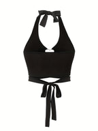 Heart Ring Linked Lace Up Halter Top, Y2K Sexy Backless Halter Top For Summer, Women's Clothing - Black