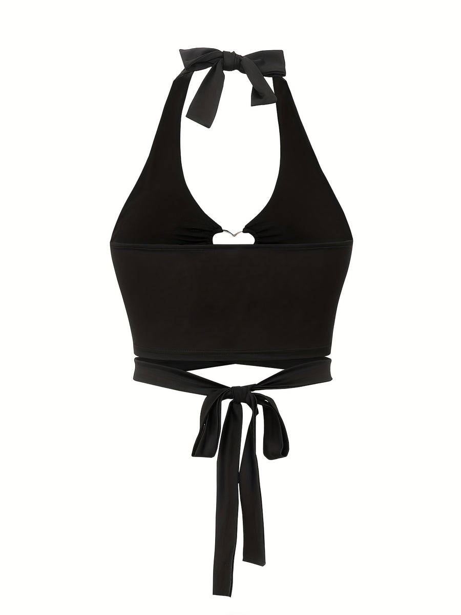 Heart Ring Linked Lace Up Halter Top, Y2K Sexy Backless Halter Top For Summer, Women's Clothing - Black