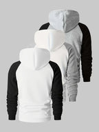 Men's Colorblock Hooded Sweatshirt, Spring/Autumn Solid Color Versatile Loose Fit Casual Pullover Hoodie, 3pcs Set - Black with White - Light Gray with White - Light Gray with Black