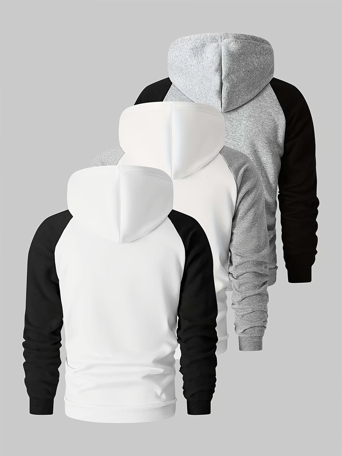 Men's Colorblock Hooded Sweatshirt, Spring/Autumn Solid Color Versatile Loose Fit Casual Pullover Hoodie, 3pcs Set - Black with White - Light Gray with White - Light Gray with Black