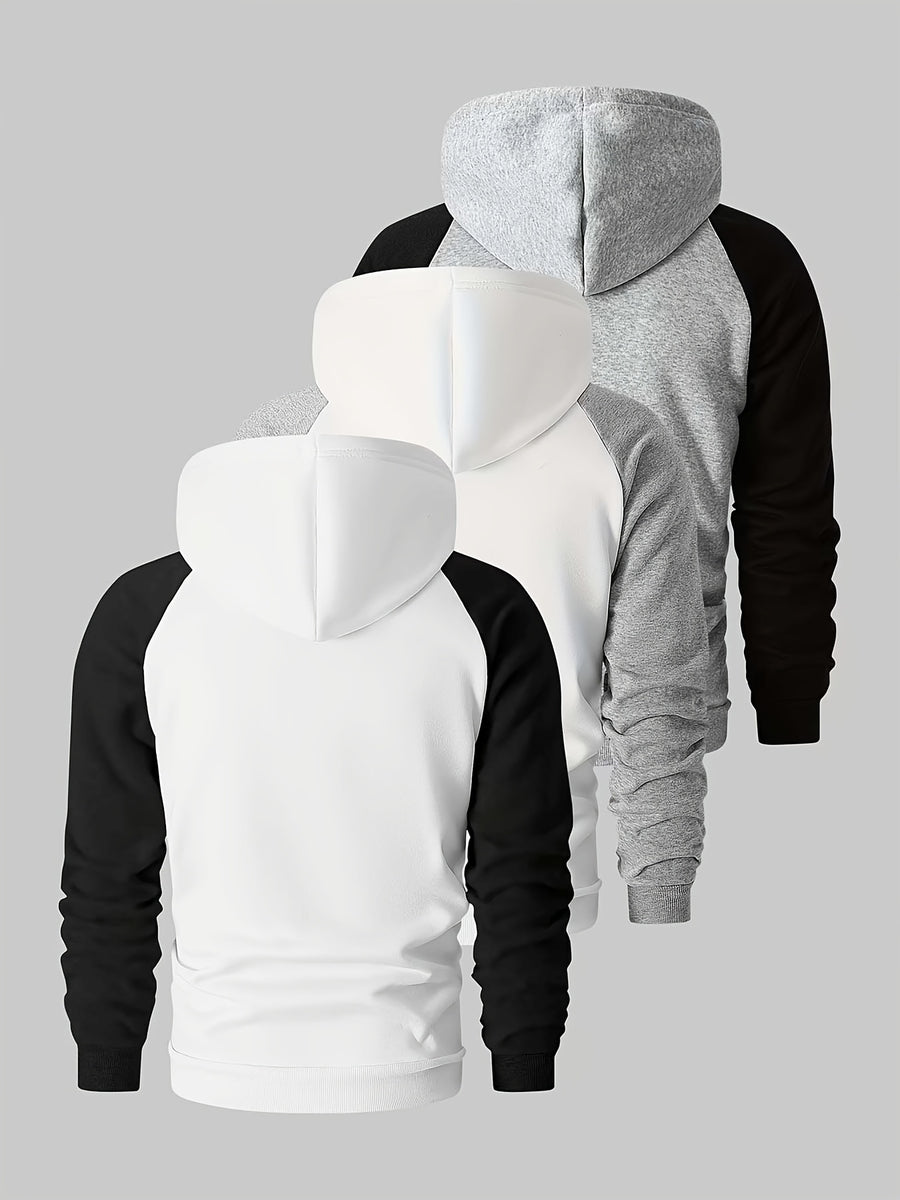 Men's Colorblock Hooded Sweatshirt, Spring/Autumn Solid Color Versatile Loose Fit Casual Pullover Hoodie, 3pcs Set - Black with White - Light Gray with White - Light Gray with Black