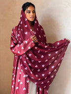 1 Set Heart Print Satin Abaya Set With, Elegant Flare Maxi Open Abaya for Women - Deep Red