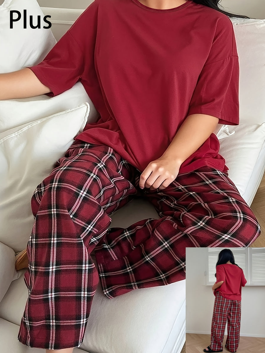 Women's 2pcs Pajama Loungewear Set, Casual Pajama Set, Comfortable Home Wear Set, Cozy for Home Use, Plaid Themed Pajama Set, Loose Fit Round Neck Short Sleeve Top and Elastic Waistband Long Pants, Elegant Women's Holiday Wear, The Perfect Pajama - Mixed colors