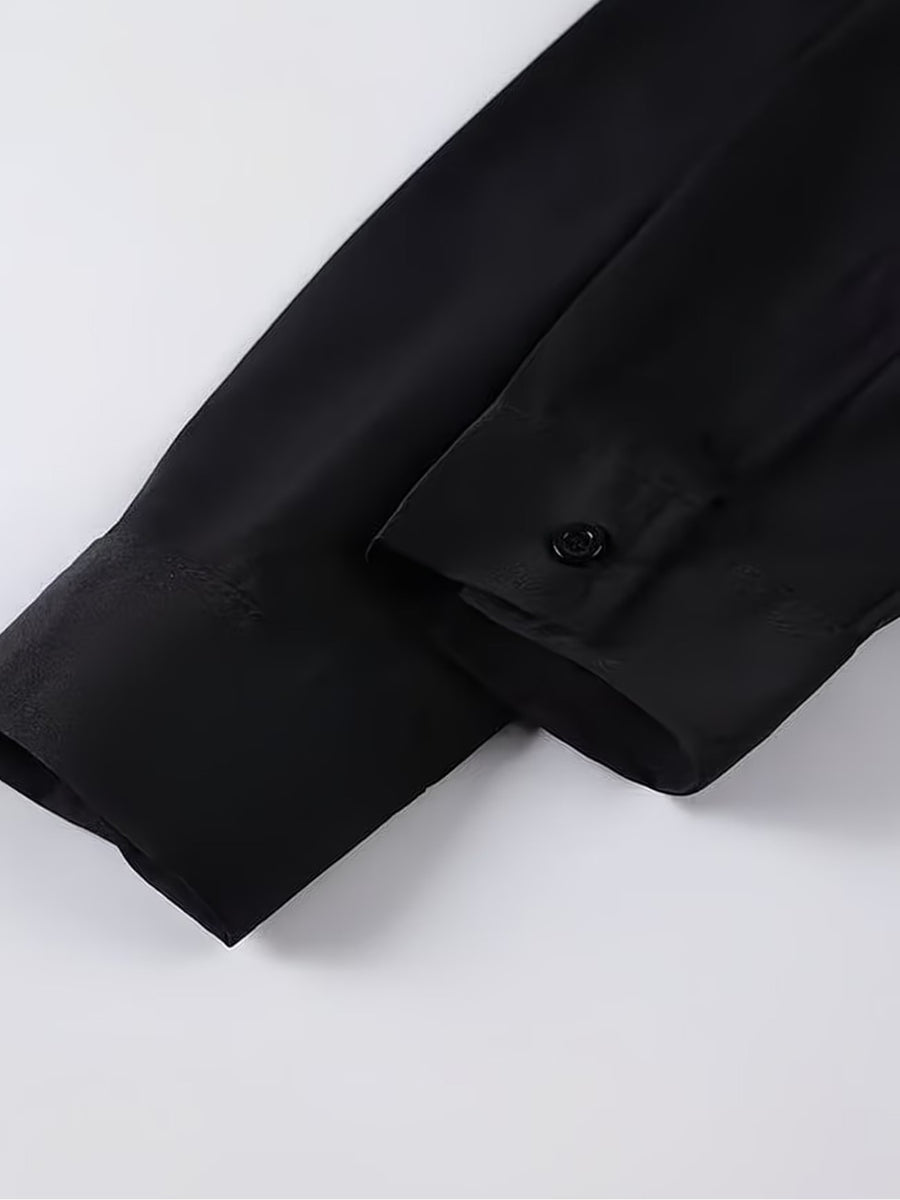 Men'S Long Sleeve Lapel Solid Color Shirt, Fashionable Non-Iron Easy Care Commuter Top, Classic Versatile Style - Black