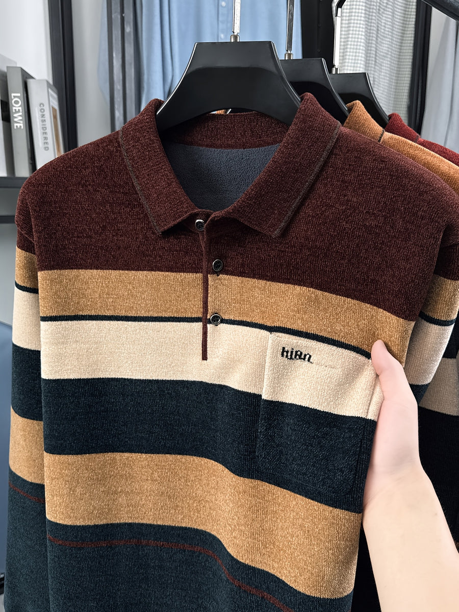 New Men's Color-Block Knit Pullover Autumn/Winter Warm Casual Polo Sweater - Dark Coffee