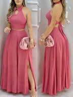 European And American New Spring/Summer Rose Red 2Pcss Set Skirt, Halter Neck Backless Hollow Lapel Short Exposed Waist Top + High Waist Split Large Skirt Hem Long Skirt Slim Fit Dating Party Daily Travel Women'S 2Pcss Set Skirt [Gavin] - Dusty Rose