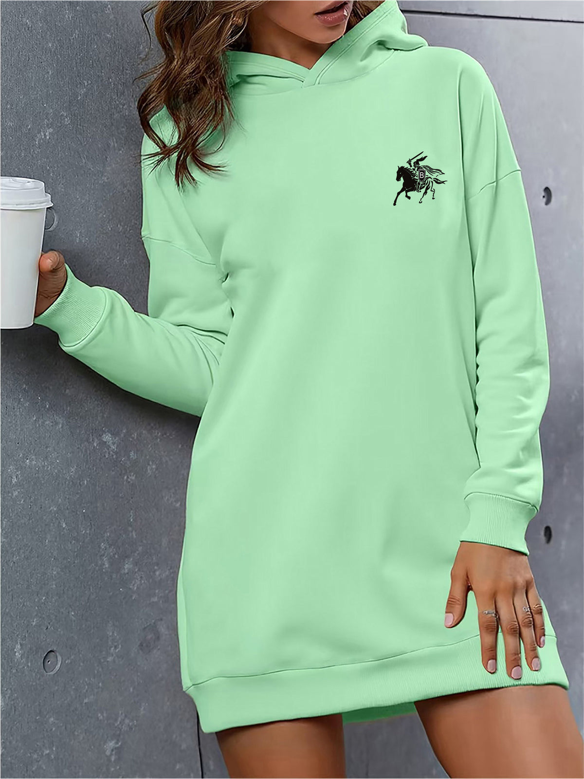 2026 European American Women S Lined Hooded Dress with Letter Print Thickened Hoodie Sweatshirt Long Style Trendy Casual Fashionable Versatile Elegance - Light Green
