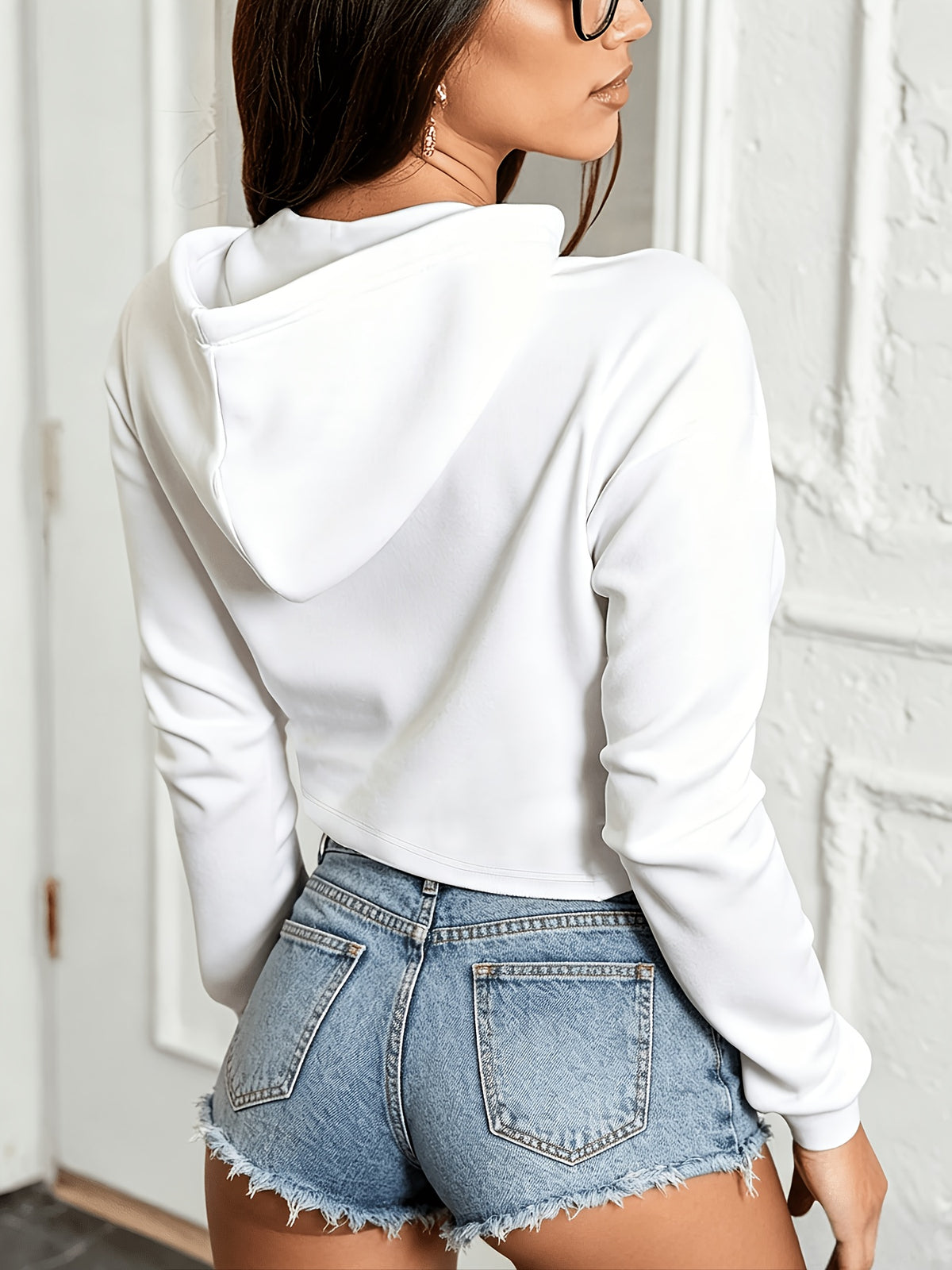 Women's Loose Fit Long Sleeve Top, Hot Style High Waist Crop Hooded Sweatshirt - White