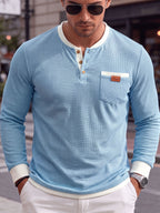 Men's Fashion Henley Shirt, Autumn/Winter Outdoor Casual Textured Waffle Knit Fabric, Color-Block Patchwork, Crew Neck, Single-Breasted Button Placket, Pocket Patch Detail, Regular Length, Long Sleeve - Sky Blue