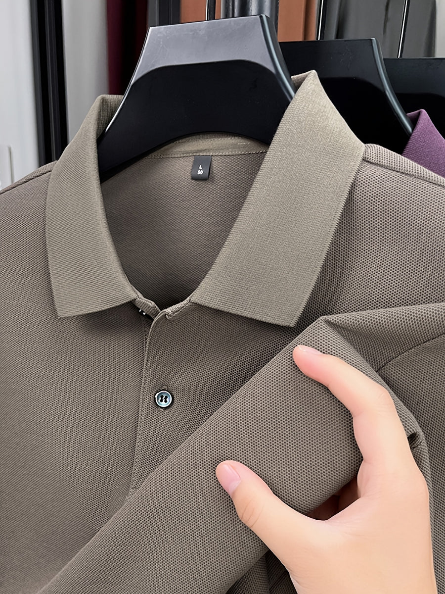 Spring and Autumn Men's Lapel Polo Shirt, Fashionable Solid Color Base Layer Top, Versatile Business Casual Long Sleeve T-Shirt, Suitable for Daily Work Scenes, The Best Gift for Friends and Relatives - Dark Coffee