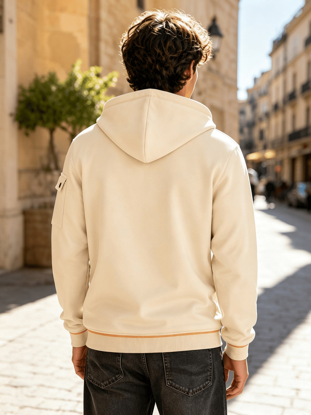 Men's Full Zip Hoodie, Contrast Color Hooded Sweatshirt with Cargo Pockets, Casual, Comfortable, Versatile Fall Winter Jacket - Apricot