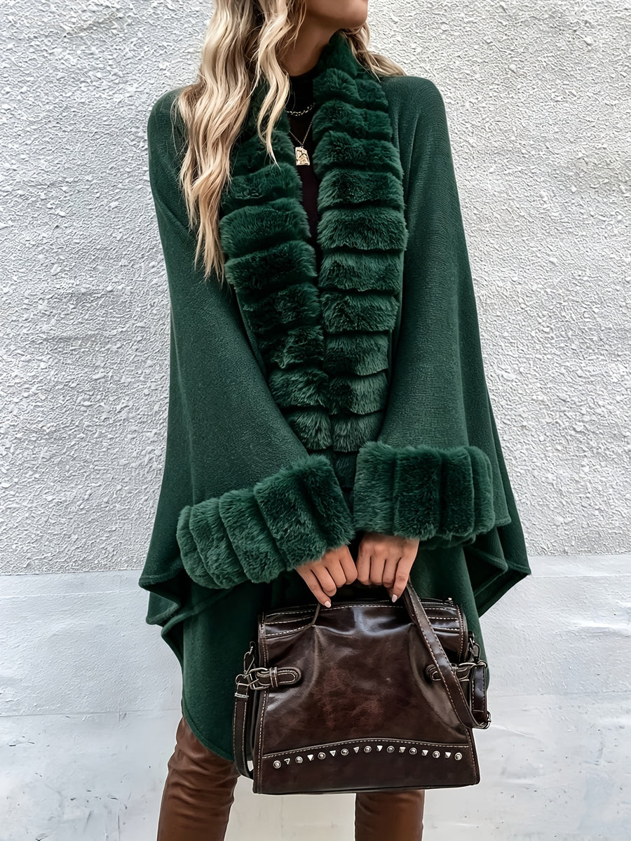 Western Autumn Winter New Mid-Length Luxurious Faux Patchwork Cardigan Sweater Tassel Shawl Cloak Coat - Green
