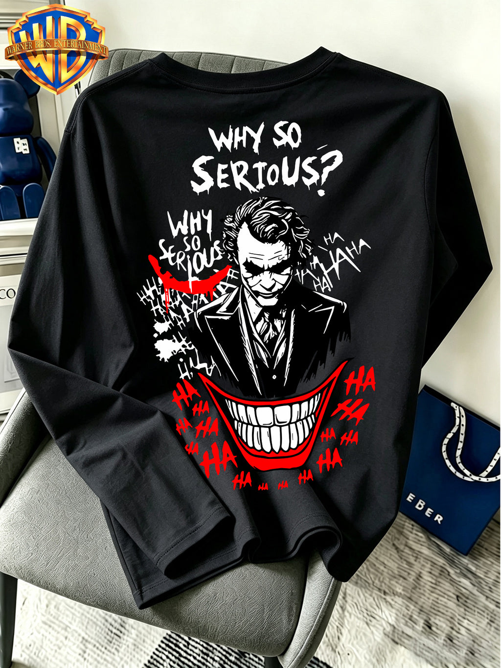 Warner Bros. Official - Men'S Pure Long Sleeve Shirt, Classic American Dark Clown Lines "Why So Serious" Print, Spring And Autumn Casual Streetwear Top, Daily Leisure Vacation Gift - Black