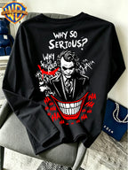 Warner Bros. Official - Men'S Pure Long Sleeve Shirt, Classic American Dark Clown Lines "Why So Serious" Print, Spring And Autumn Casual Streetwear Top, Daily Leisure Vacation Gift - Black