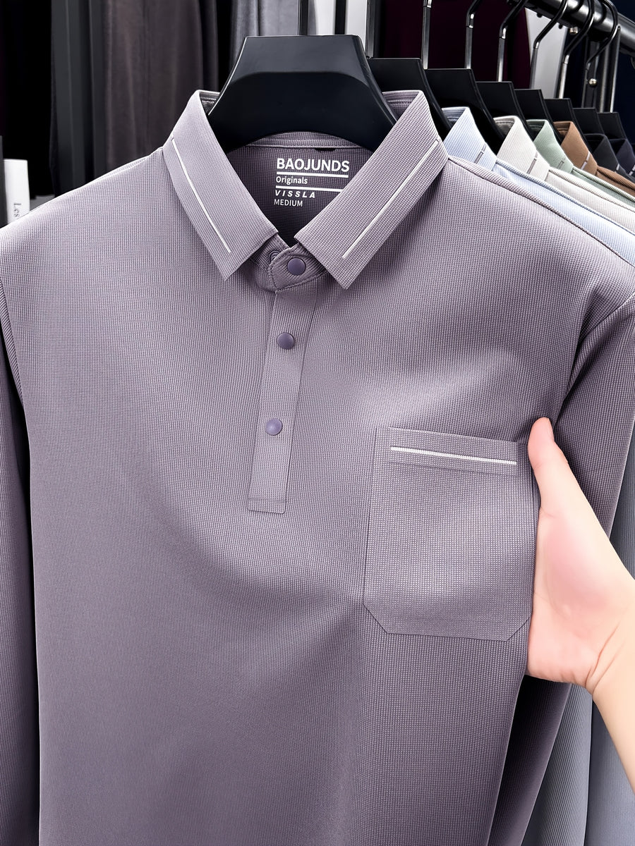 Autumn New Arrival Men's Fashion Long-Sleeve Polo Shirt, Versatile Casual Button- Lapel Seamless Men's Long-Sleeve Top, Suitable for Business Casual Outings, Dates, and Walks, an Essential Top for Casual Attire - Light Purple