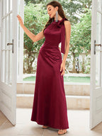 Vintage 1950S Sleeveless Satin Elegant Necktie Ball Gown, Host Dress - Burgundy color