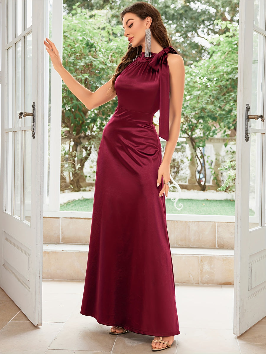 Vintage 1950S Sleeveless Satin Elegant Necktie Ball Gown, Host Dress - Burgundy color