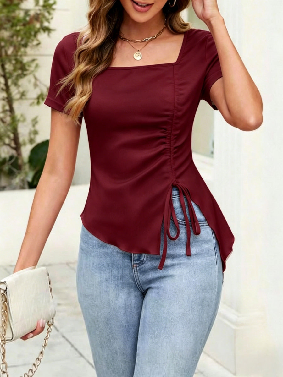 Women's Summer Square Neck Ruched Drawstring Asymmetrical Hem T-Shirt Casual Short Sleeve Slim Fit Top - Burgundy