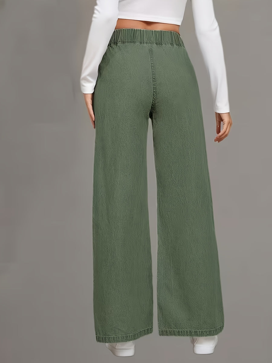 Women'S Olive Green High-Waist Stretch Casual Jeans | Comfortable, Elastic Waist, Straight Leg, Solid Color, Pocketless, Suitable for Casual And Commuting - Olive Green