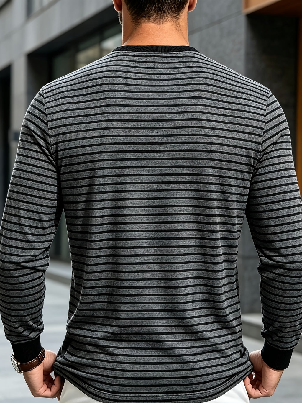 New Men's Striped Henley Neck Long Sleeve T-Shirt, Contrast Color Placket Button Casual Slim Fit Base Layer Top for Spring and Autumn - Dark Gray